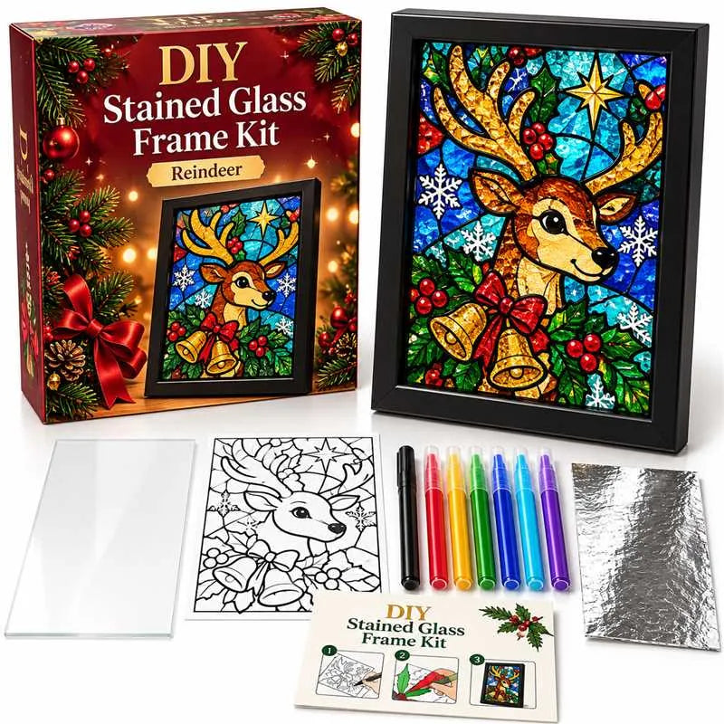 ⏳ Last Day 50% OFF – 🎄Beginner-Friendly Christmas Stained Glass-Style Frame Kit | 8 Festive Designs with Pens, Foil & Frame ✨