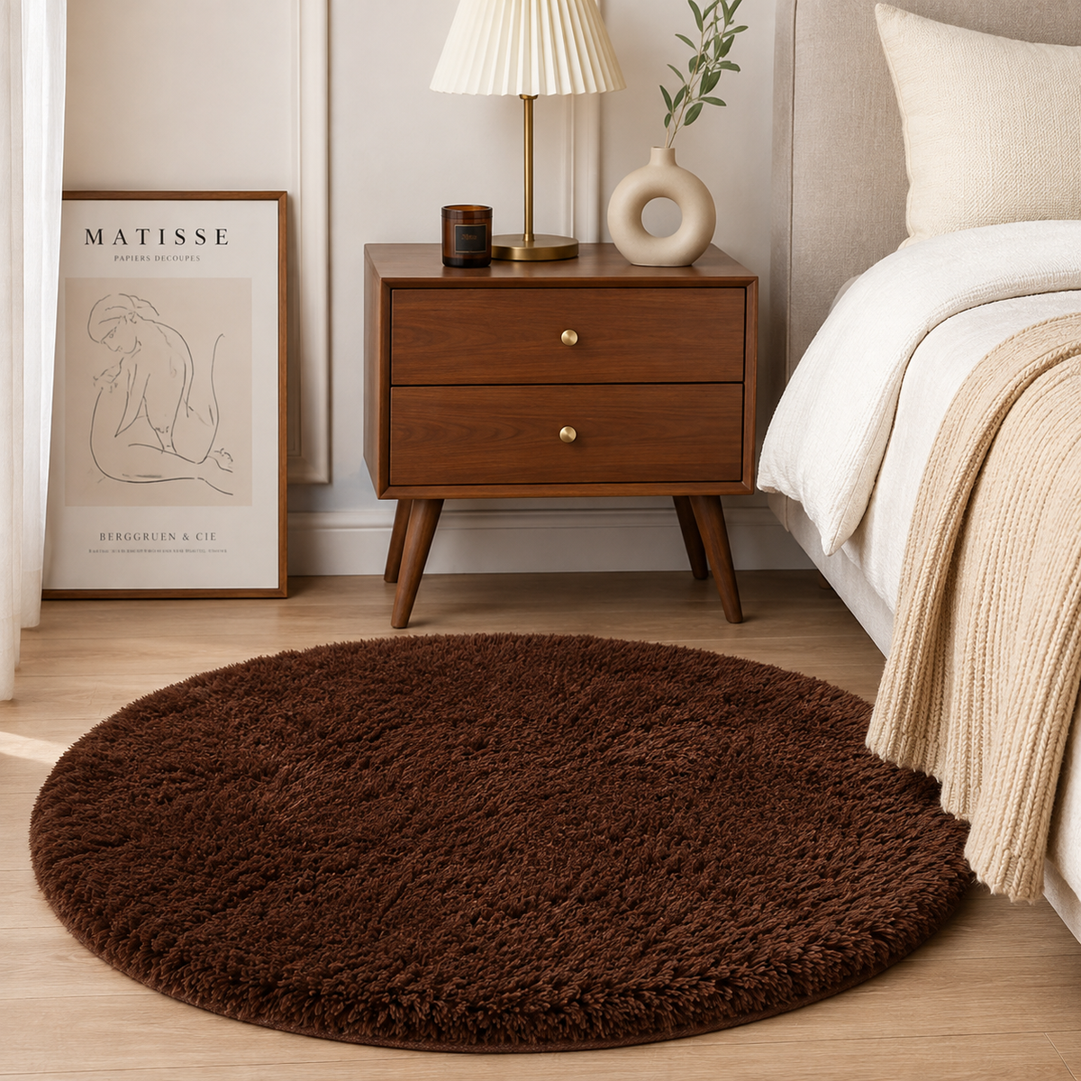 Coffee Brown Round Shag Area Rug