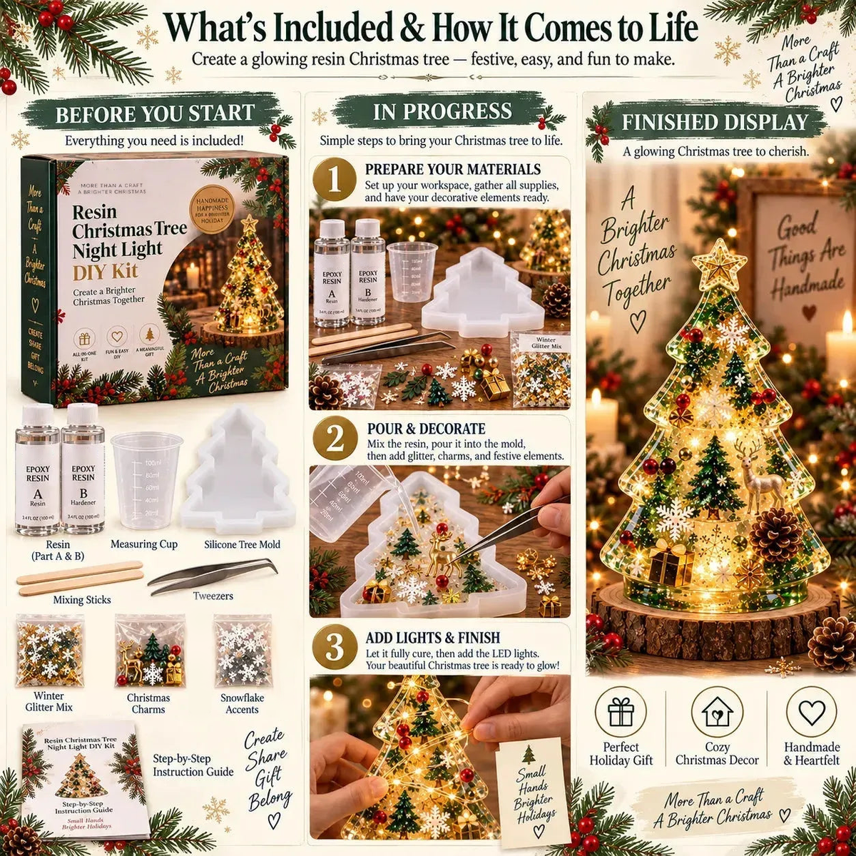 ⏳ Last Day 50% OFF – 🎄Beginner-Friendly Resin Christmas Tree Night Light DIY Kit | Mold, Resin, Fairy Lights & Festive Decorations Included ✨