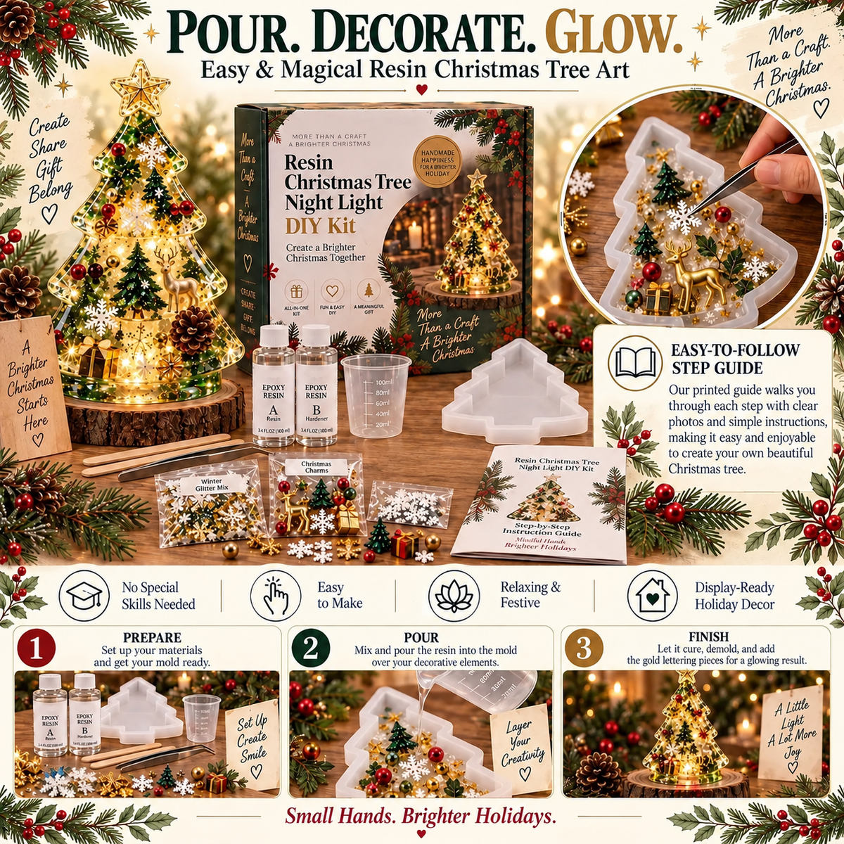 ⏳ Last Day 50% OFF – 🎄Beginner-Friendly Resin Christmas Tree Night Light DIY Kit | Mold, Resin, Fairy Lights & Festive Decorations Included ✨
