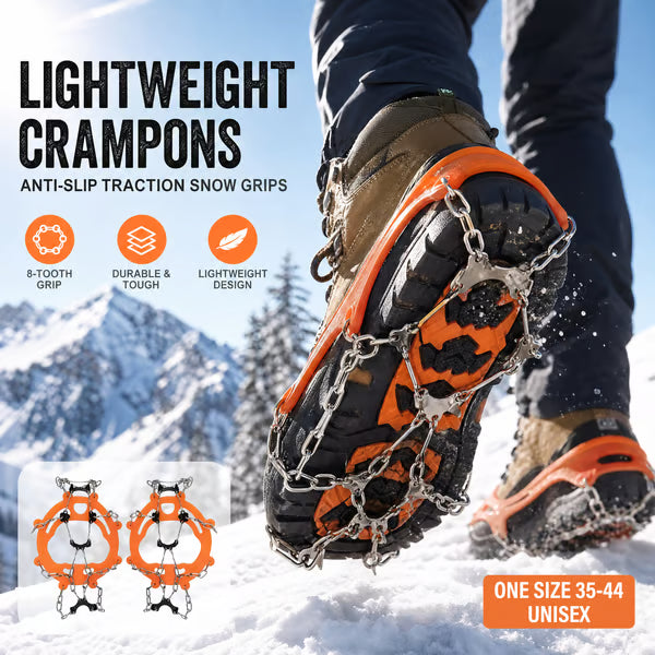 Lightweight crampons on winter boots