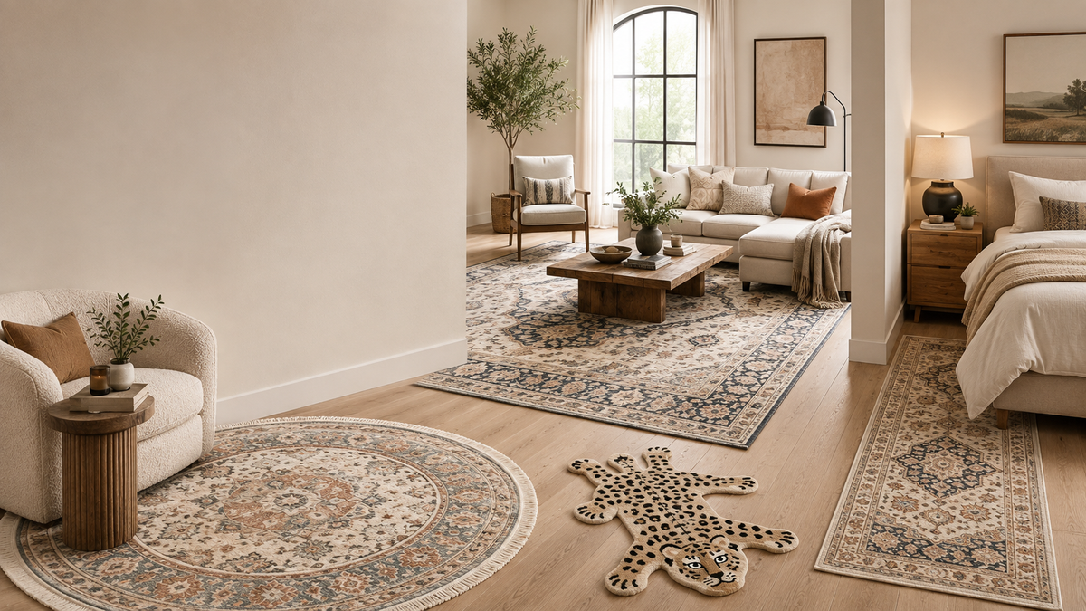 Warm modern living room with a large neutral area rug, cream sofa and natural daylight