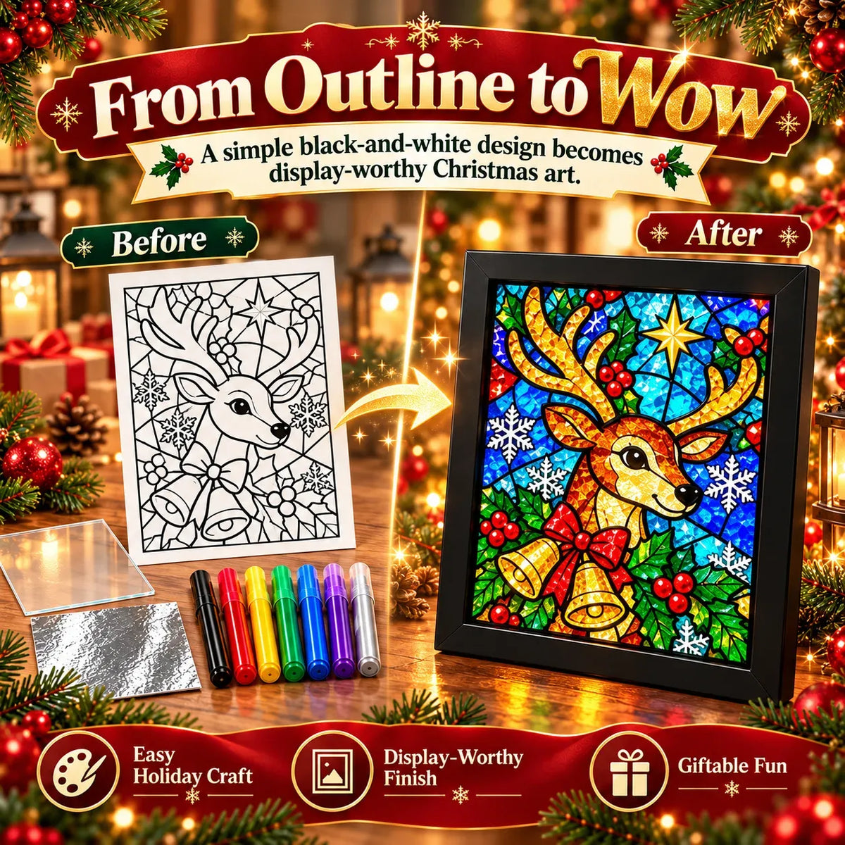 ⏳ Last Day 50% OFF – 🎄Beginner-Friendly Christmas Stained Glass-Style Frame Kit | 8 Festive Designs with Pens, Foil & Frame ✨