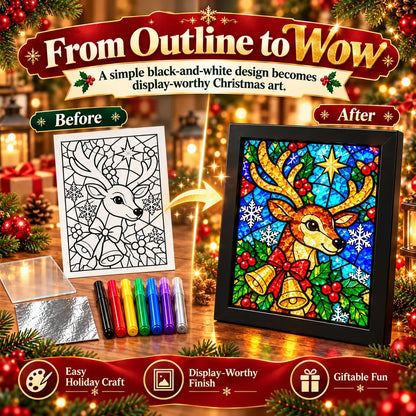 ⏳ Last Day 50% OFF – 🎄Beginner-Friendly Christmas Stained Glass-Style Frame Kit | 8 Festive Designs with Pens, Foil & Frame ✨