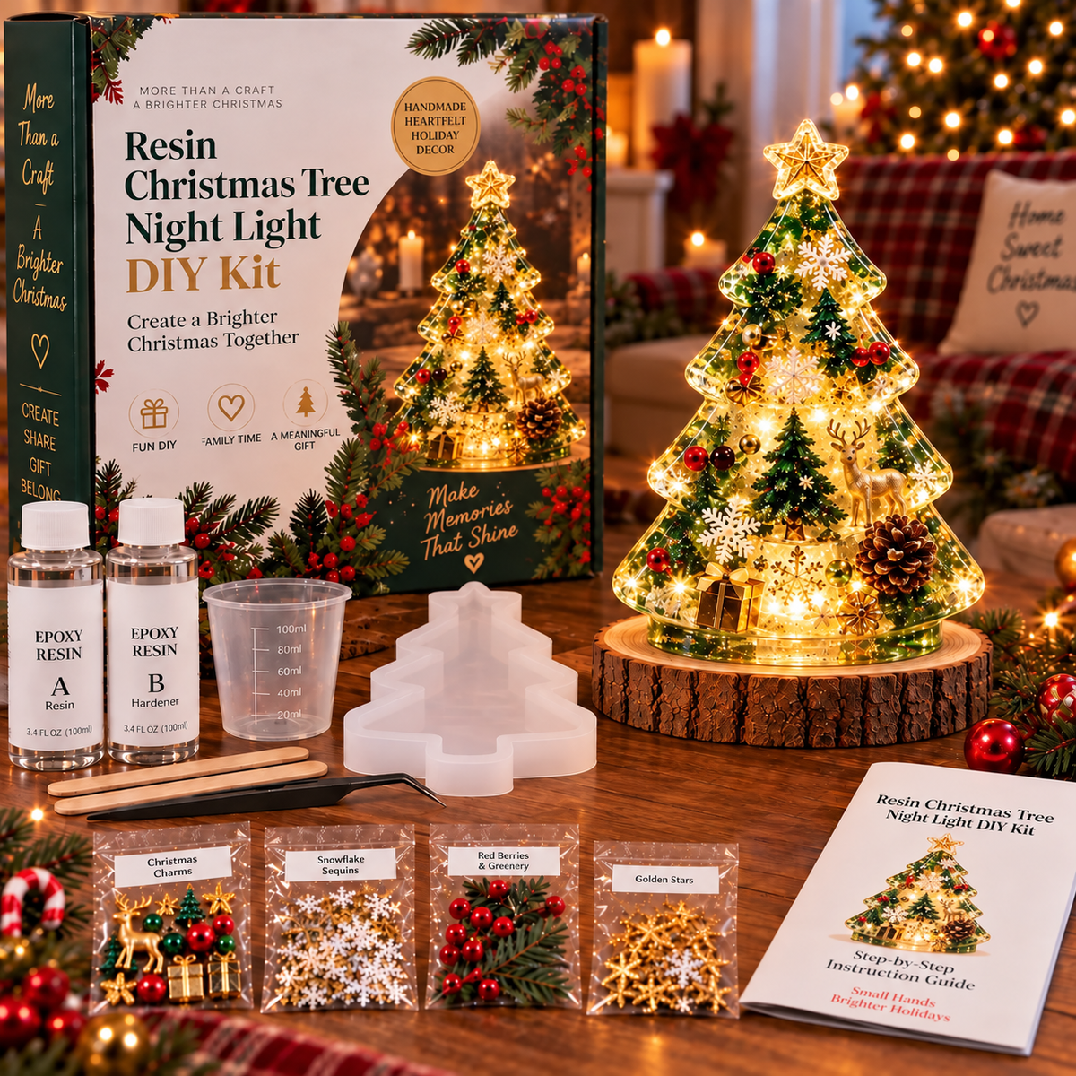 ⏳ Last Day 50% OFF – 🎄Beginner-Friendly Resin Christmas Tree Night Light DIY Kit | Mold, Resin, Fairy Lights & Festive Decorations Included ✨