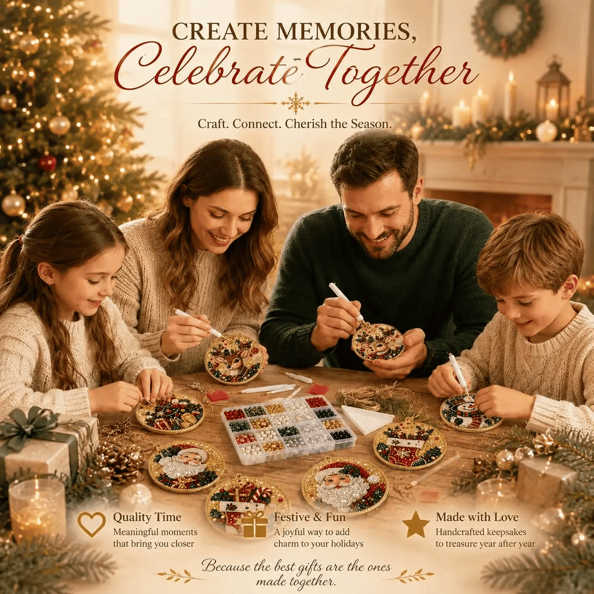 Family making Christmas diamond art ornaments together