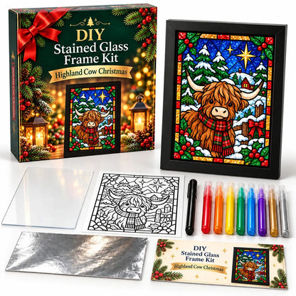 ⏳ Last Day 50% OFF – 🎄Beginner-Friendly Christmas Stained Glass-Style Frame Kit | 8 Festive Designs with Pens, Foil & Frame ✨