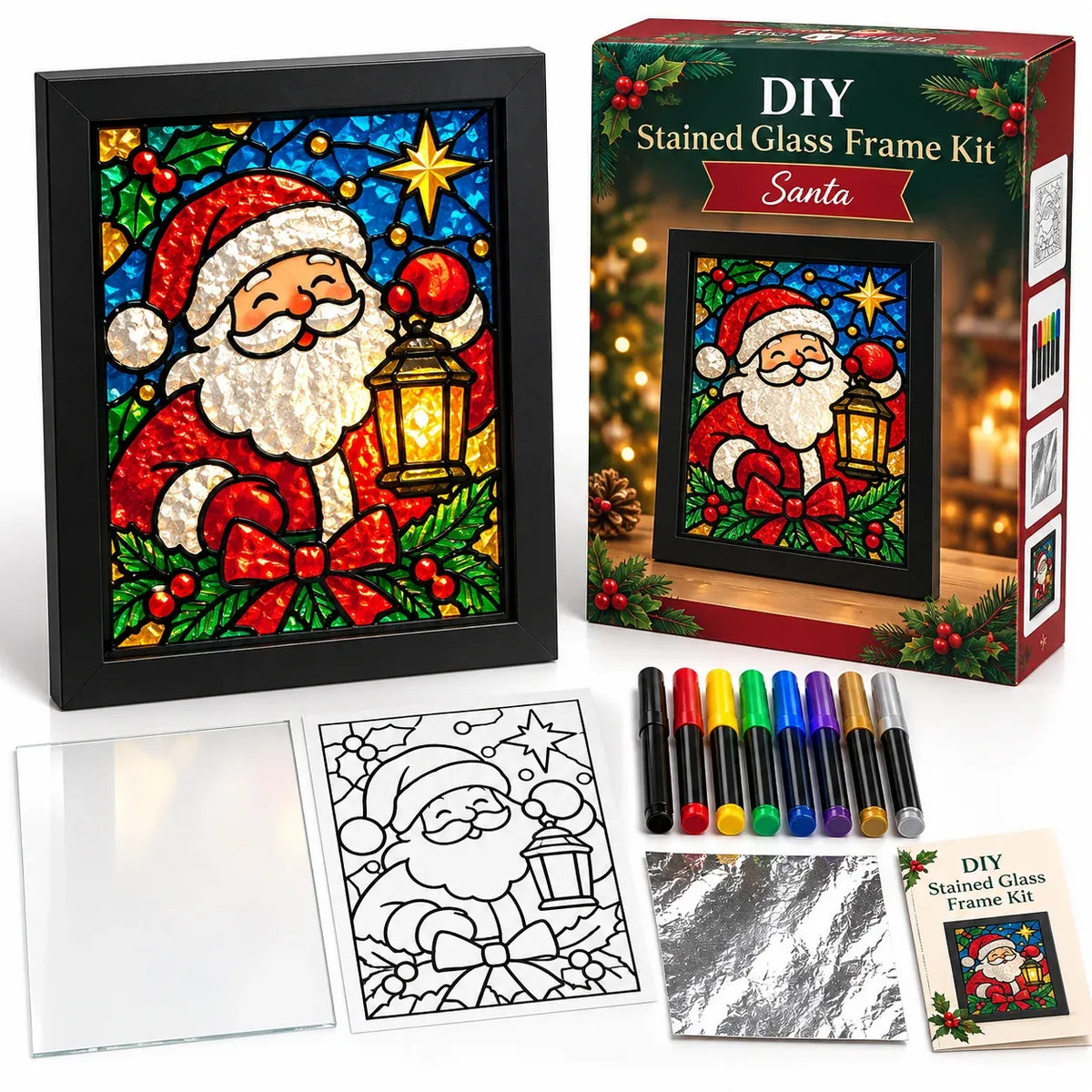 ⏳ Last Day 50% OFF – 🎄Beginner-Friendly Christmas Stained Glass-Style Frame Kit | 8 Festive Designs with Pens, Foil & Frame ✨