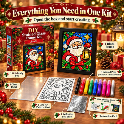 ⏳ Last Day 50% OFF – 🎄Beginner-Friendly Christmas Stained Glass-Style Frame Kit | 8 Festive Designs with Pens, Foil & Frame ✨
