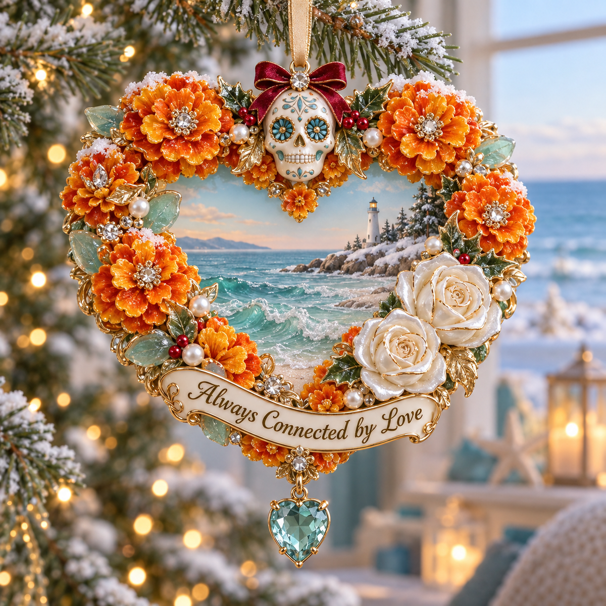 Heart wreath coastal Day of the Dead ornament