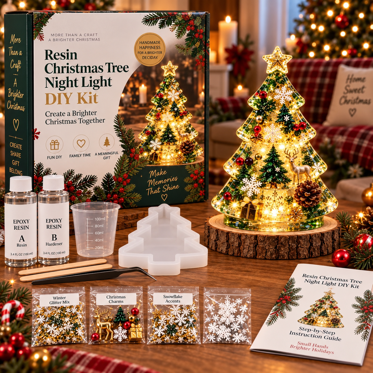 ⏳ Last Day 50% OFF – 🎄Beginner-Friendly Resin Christmas Tree Night Light DIY Kit | Mold, Resin, Fairy Lights & Festive Decorations Included ✨