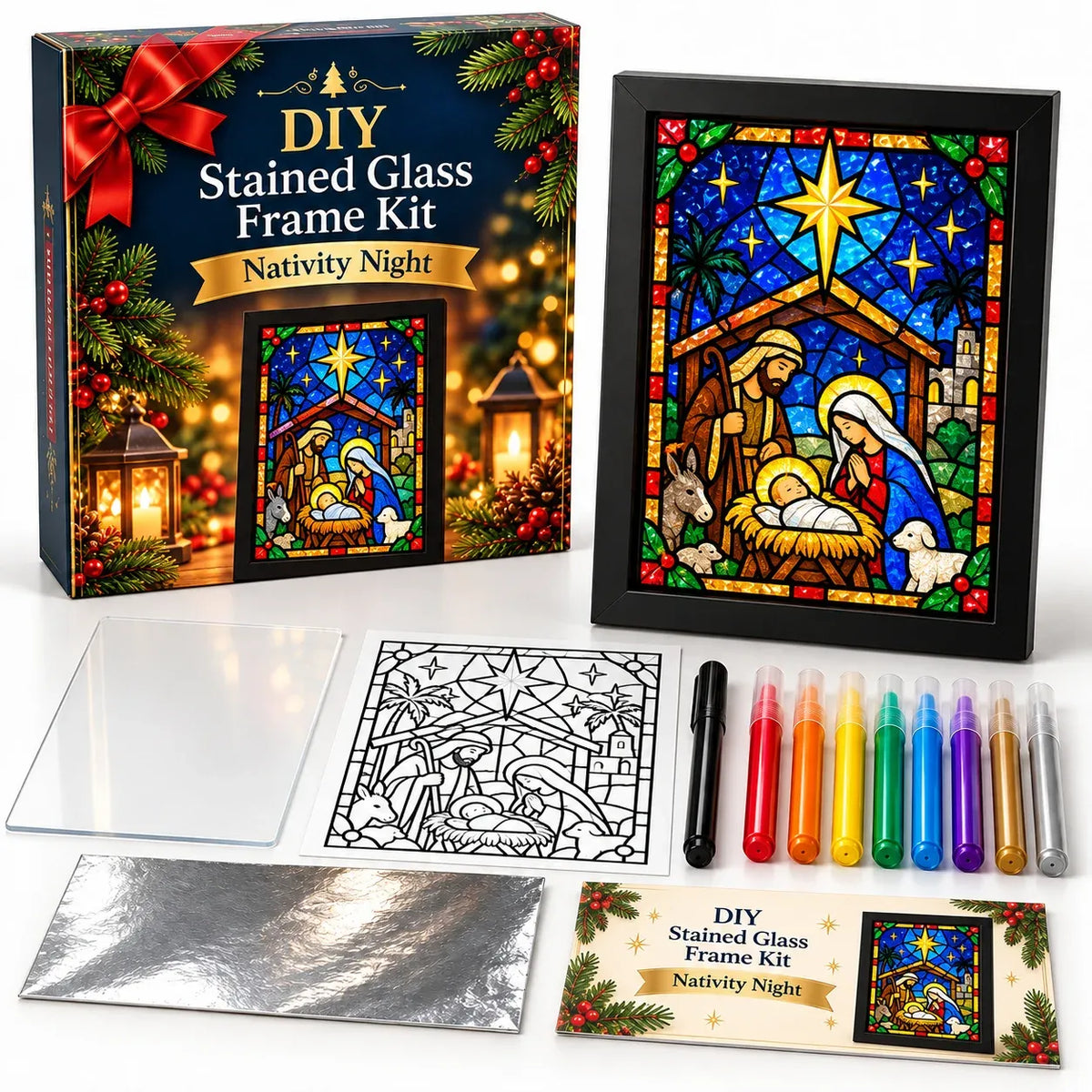 ⏳ Last Day 50% OFF – 🎄Beginner-Friendly Christmas Stained Glass-Style Frame Kit | 8 Festive Designs with Pens, Foil & Frame ✨