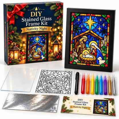 ⏳ Last Day 50% OFF – 🎄Beginner-Friendly Christmas Stained Glass-Style Frame Kit | 8 Festive Designs with Pens, Foil & Frame ✨