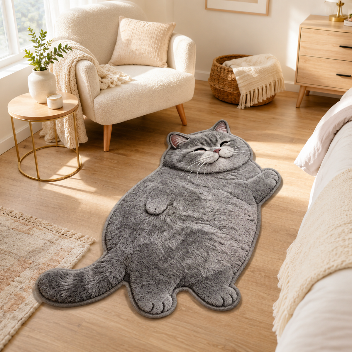 Smiling Gray Cat Shaped Soft Accent Rug