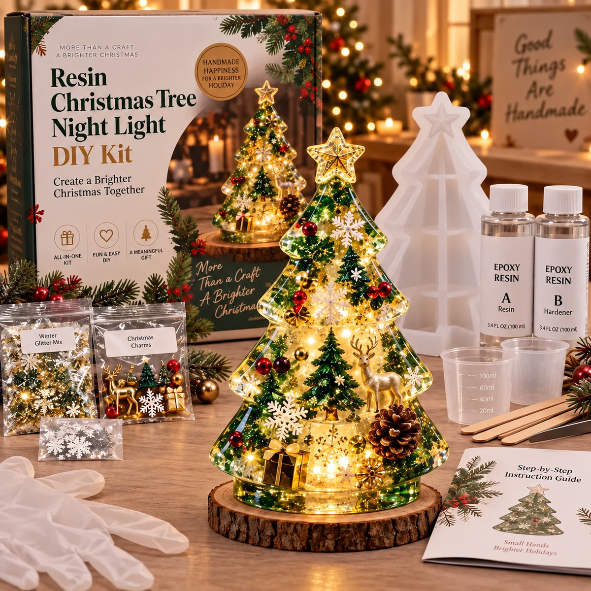 ⏳ Last Day 50% OFF – 🎄Beginner-Friendly Resin Christmas Tree Night Light DIY Kit | Mold, Resin, Fairy Lights & Festive Decorations Included ✨