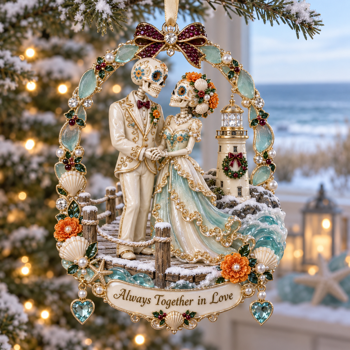 Coastal Couple Day of the Dead memorial ornament