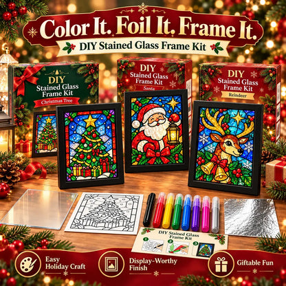 ⏳ Last Day 50% OFF – 🎄Beginner-Friendly Christmas Stained Glass-Style Frame Kit | 8 Festive Designs with Pens, Foil & Frame ✨