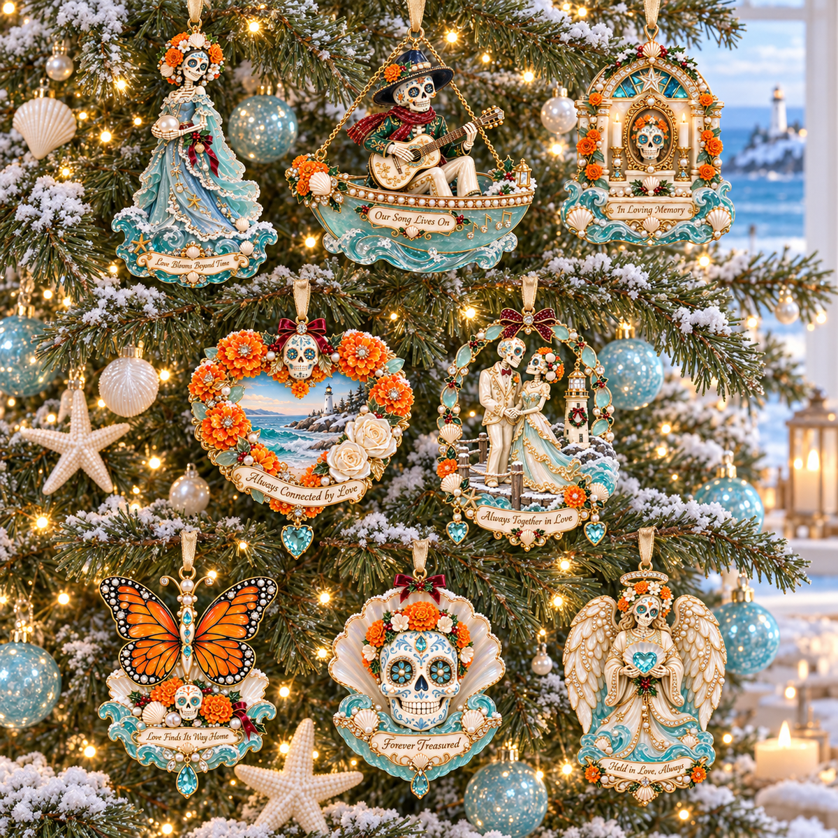 Ocean Day of the Dead ornaments displayed on a tree