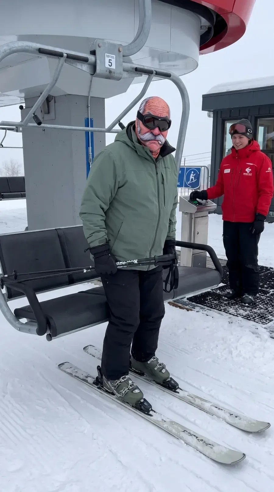 Realistic face ski mask on chairlift