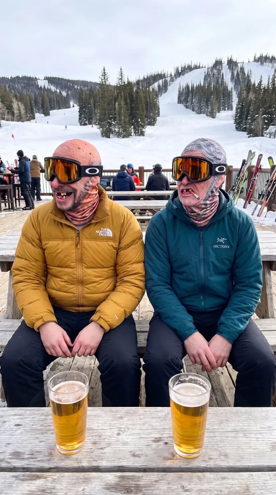 Two people wearing realistic ski balaclavas