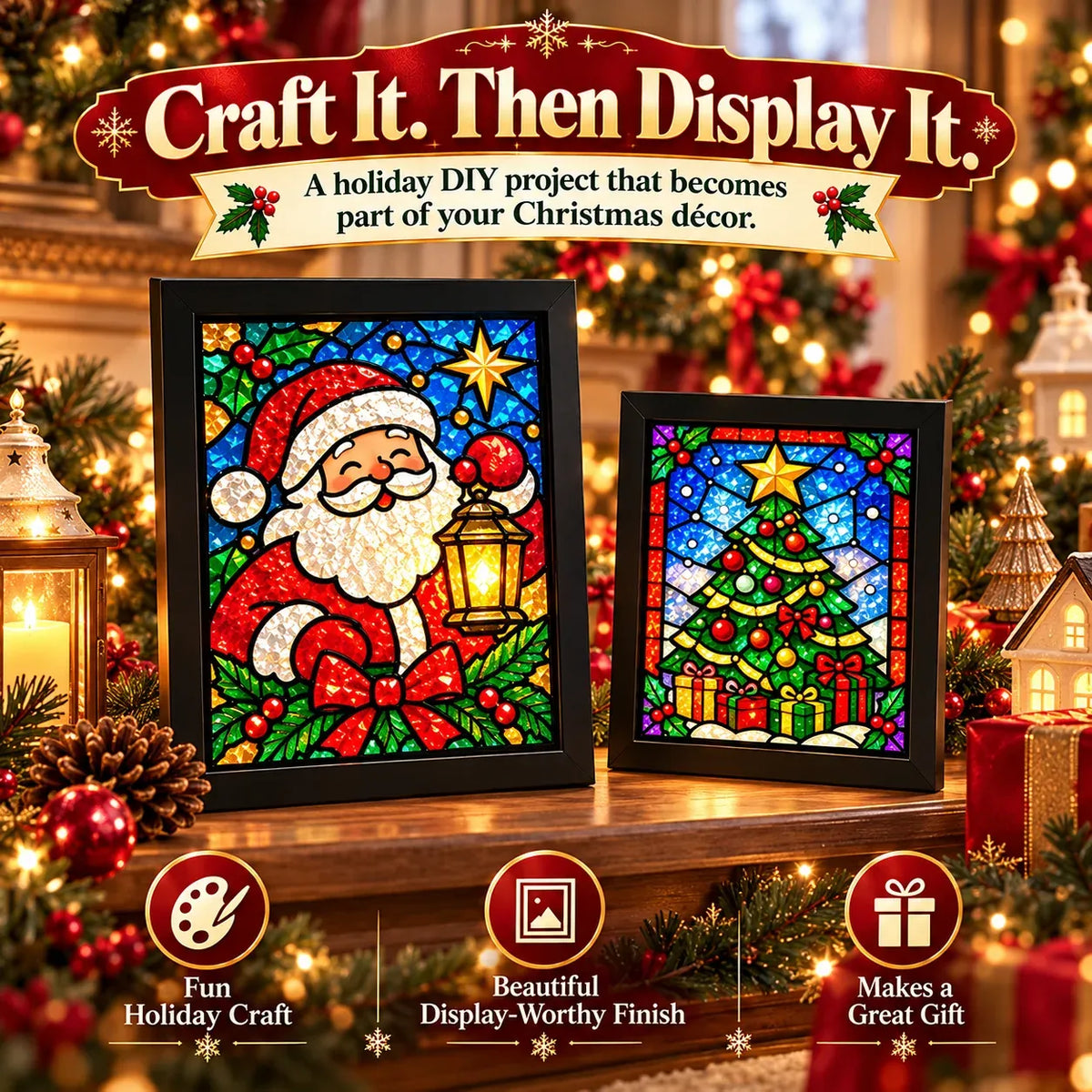 ⏳ Last Day 50% OFF – 🎄Beginner-Friendly Christmas Stained Glass-Style Frame Kit | 8 Festive Designs with Pens, Foil & Frame ✨