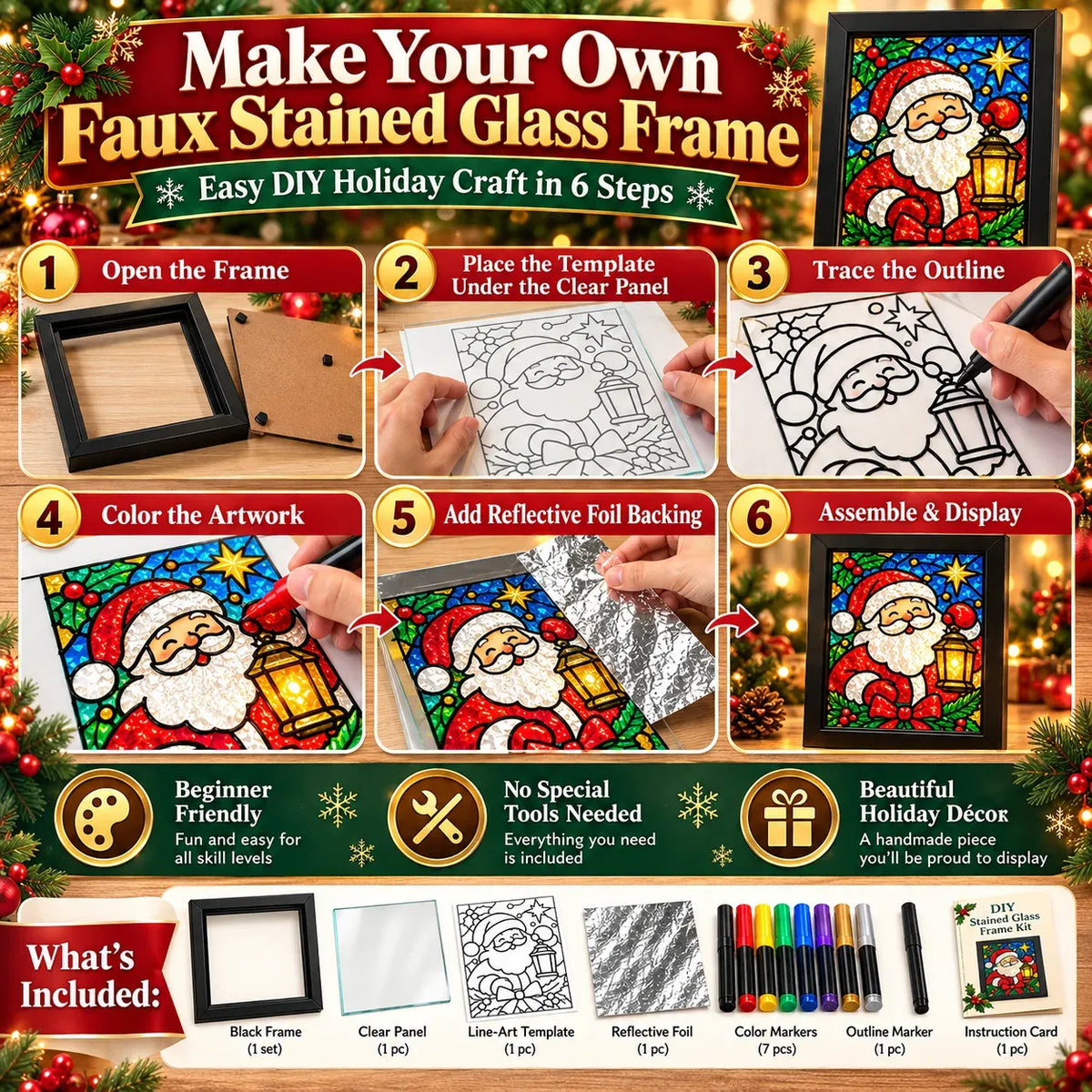 ⏳ Last Day 50% OFF – 🎄Beginner-Friendly Christmas Stained Glass-Style Frame Kit | 8 Festive Designs with Pens, Foil & Frame ✨