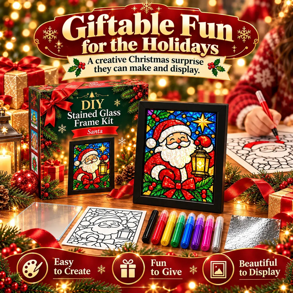 ⏳ Last Day 50% OFF – 🎄Beginner-Friendly Christmas Stained Glass-Style Frame Kit | 8 Festive Designs with Pens, Foil & Frame ✨