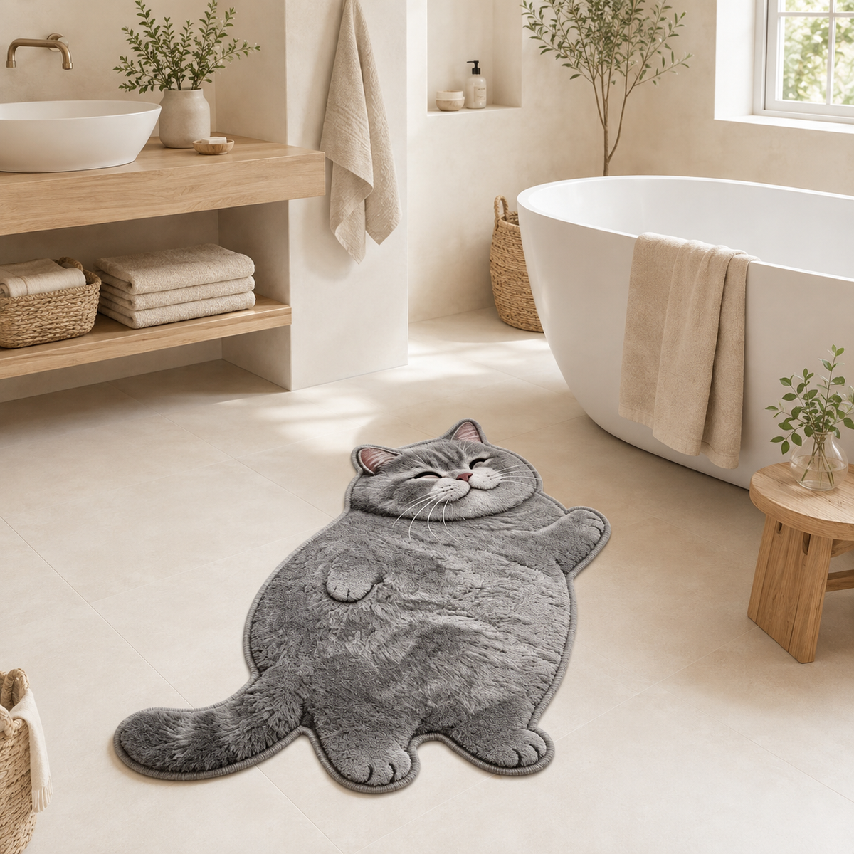 Smiling Gray Cat Shaped Soft Accent Rug