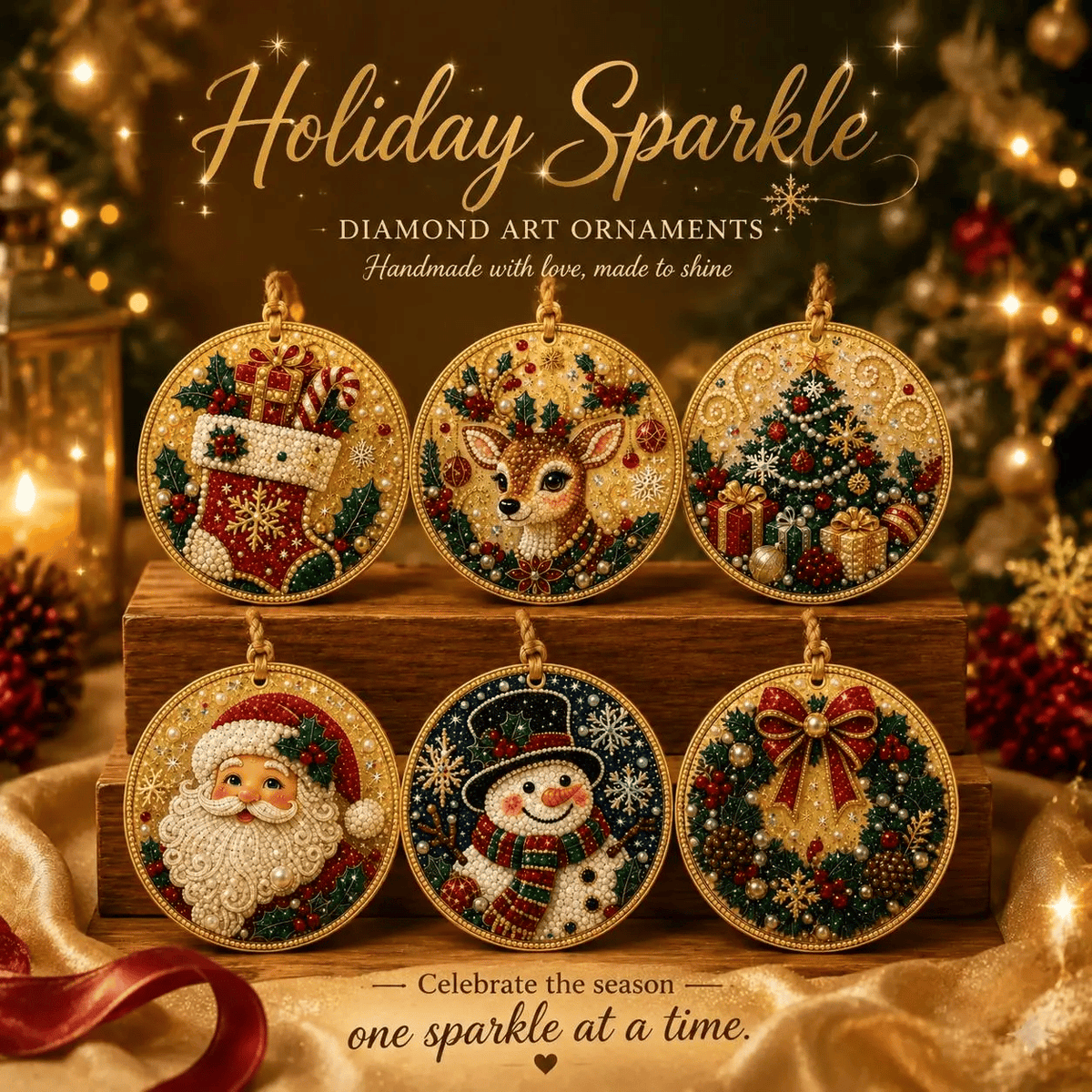 Six finished Christmas diamond art ornaments