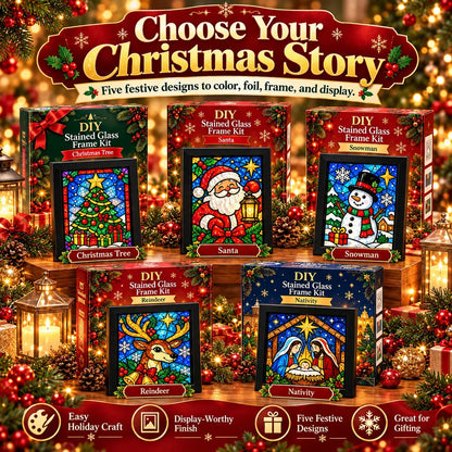⏳ Last Day 50% OFF – 🎄Beginner-Friendly Christmas Stained Glass-Style Frame Kit | 8 Festive Designs with Pens, Foil & Frame ✨