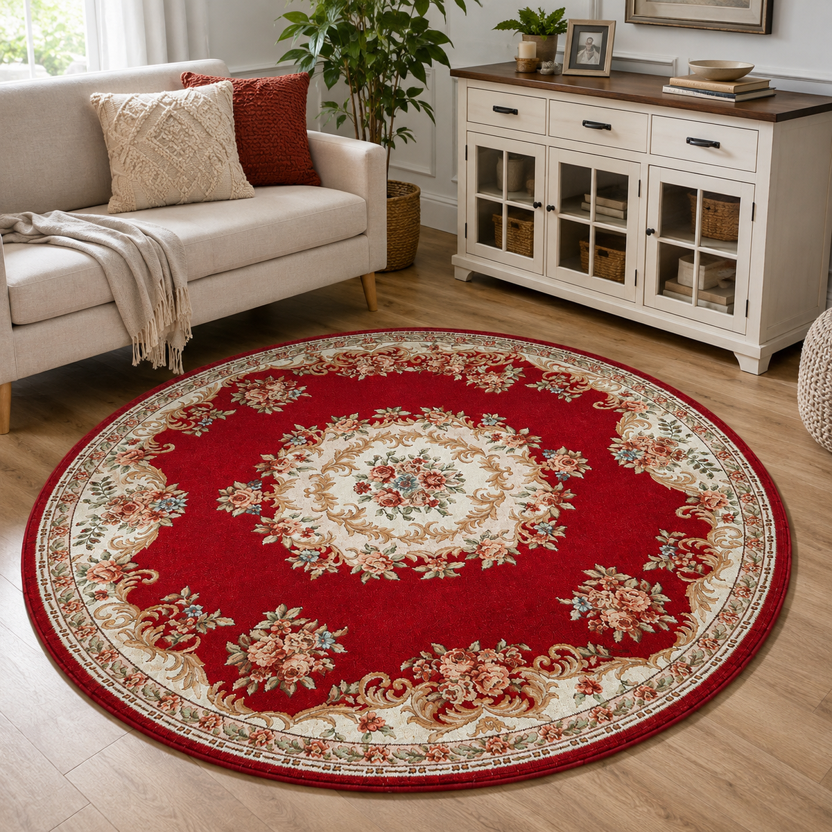 Crimson Floral Round Crystal Velvet Rug