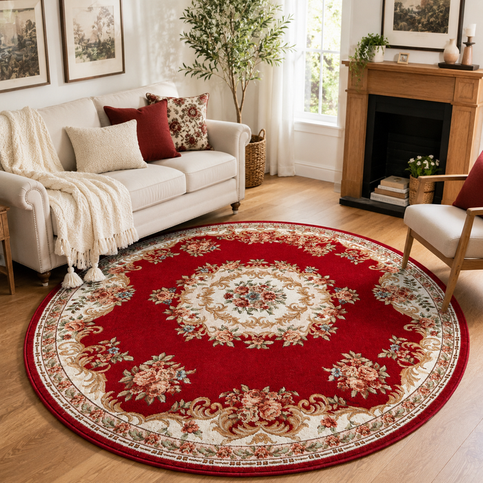 Crimson Floral Round Crystal Velvet Rug