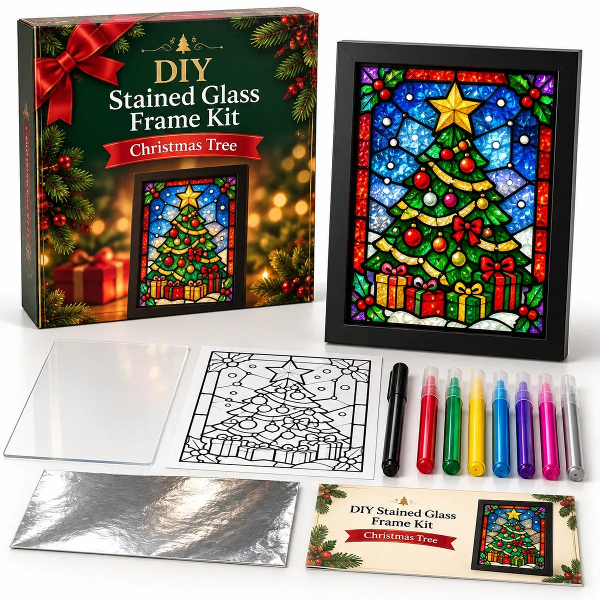 ⏳ Last Day 50% OFF – 🎄Beginner-Friendly Christmas Stained Glass-Style Frame Kit | 8 Festive Designs with Pens, Foil & Frame ✨