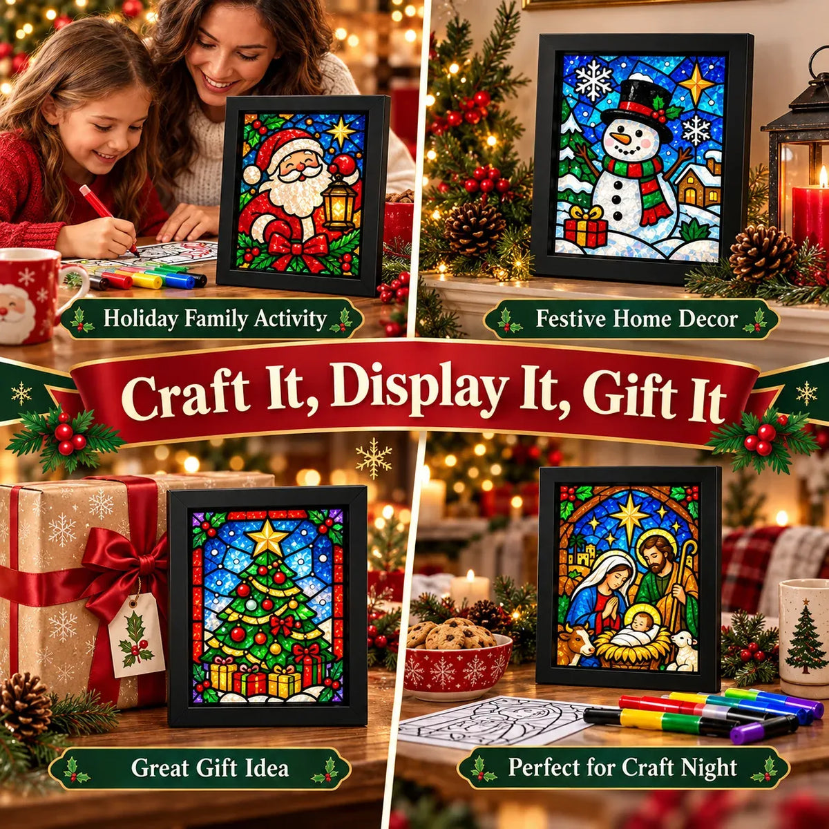 ⏳ Last Day 50% OFF – 🎄Beginner-Friendly Christmas Stained Glass-Style Frame Kit | 8 Festive Designs with Pens, Foil & Frame ✨