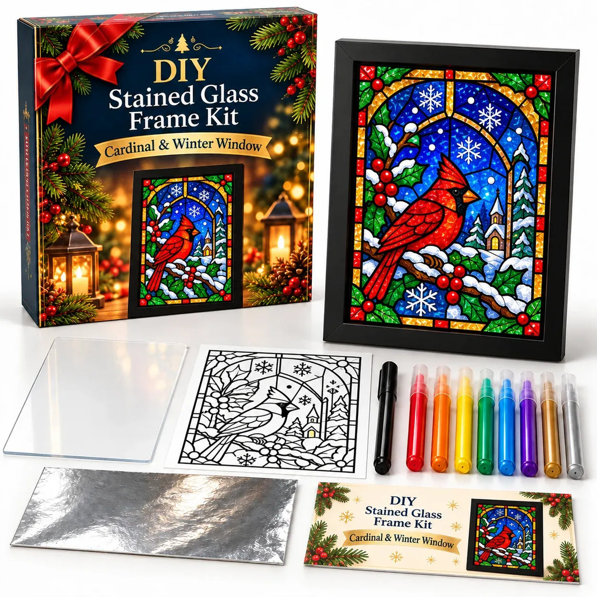 ⏳ Last Day 50% OFF – 🎄Beginner-Friendly Christmas Stained Glass-Style Frame Kit | 8 Festive Designs with Pens, Foil & Frame ✨