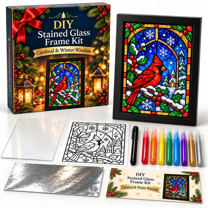 ⏳ Last Day 50% OFF – 🎄Beginner-Friendly Christmas Stained Glass-Style Frame Kit | 8 Festive Designs with Pens, Foil & Frame ✨