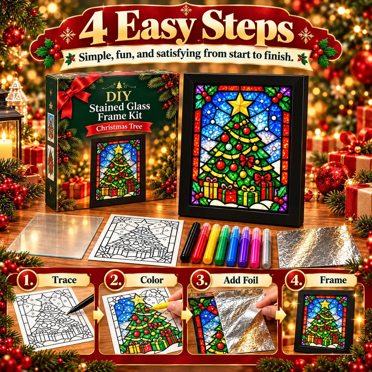 ⏳ Last Day 50% OFF – 🎄Beginner-Friendly Christmas Stained Glass-Style Frame Kit | 8 Festive Designs with Pens, Foil & Frame ✨