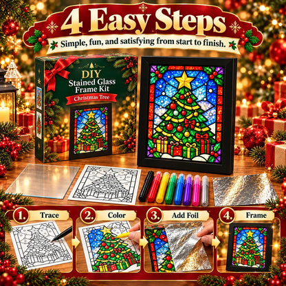 ⏳ Last Day 50% OFF – 🎄Beginner-Friendly Christmas Stained Glass-Style Frame Kit | 8 Festive Designs with Pens, Foil & Frame ✨