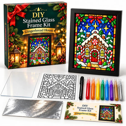 ⏳ Last Day 50% OFF – 🎄Beginner-Friendly Christmas Stained Glass-Style Frame Kit | 8 Festive Designs with Pens, Foil & Frame ✨