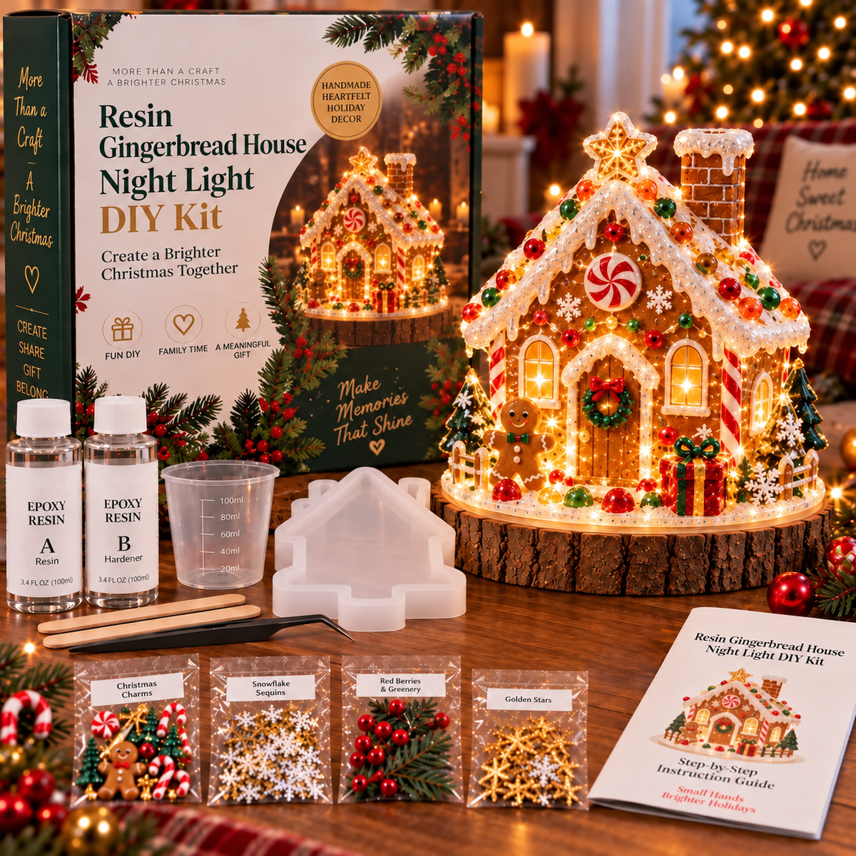 ⏳ Last Day 50% OFF – 🎄Beginner-Friendly Resin Christmas Tree Night Light DIY Kit | Mold, Resin, Fairy Lights & Festive Decorations Included ✨