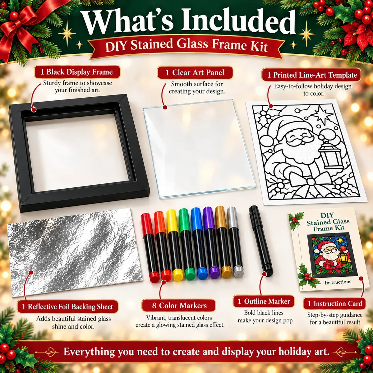 ⏳ Last Day 50% OFF – 🎄Beginner-Friendly Christmas Stained Glass-Style Frame Kit | 8 Festive Designs with Pens, Foil & Frame ✨