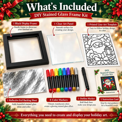 ⏳ Last Day 50% OFF – 🎄Beginner-Friendly Christmas Stained Glass-Style Frame Kit | 8 Festive Designs with Pens, Foil & Frame ✨